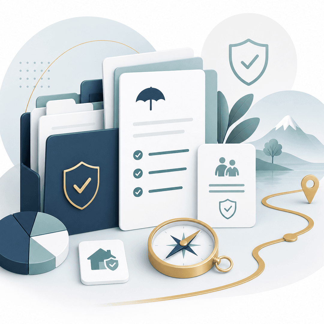Ruhige Illustration mit Versicherungsunterlagen und Checkliste