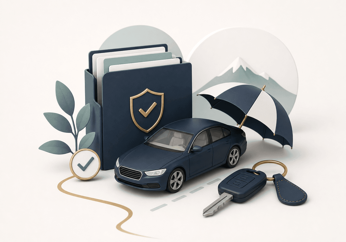 Ruhige Illustration zu Autoversicherung, Fahrzeug und Police